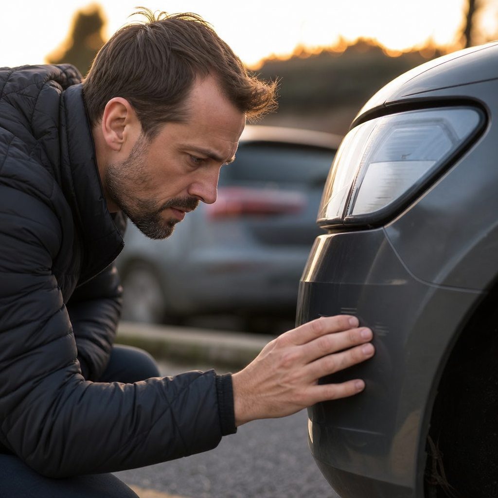 homme inspectant le pare-chocs avant de sa voiture à la recherche de traces de peinture après un accrochage de parking, lumière de fin de journée