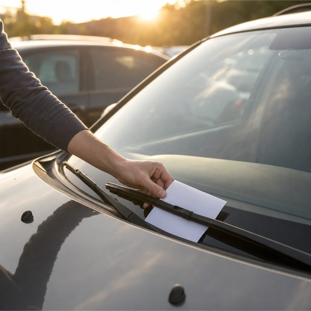 main glissant un mot manuscrit avec coordonnées sous l'essuie-glace d'une voiture accrochée sur un parking, lumière de fin d'après-midi