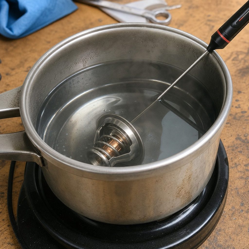 thermostat automobile plongé dans une casserole d'eau chaude avec un thermomètre de cuisine, test de dilatation sur un plan de travail de garage