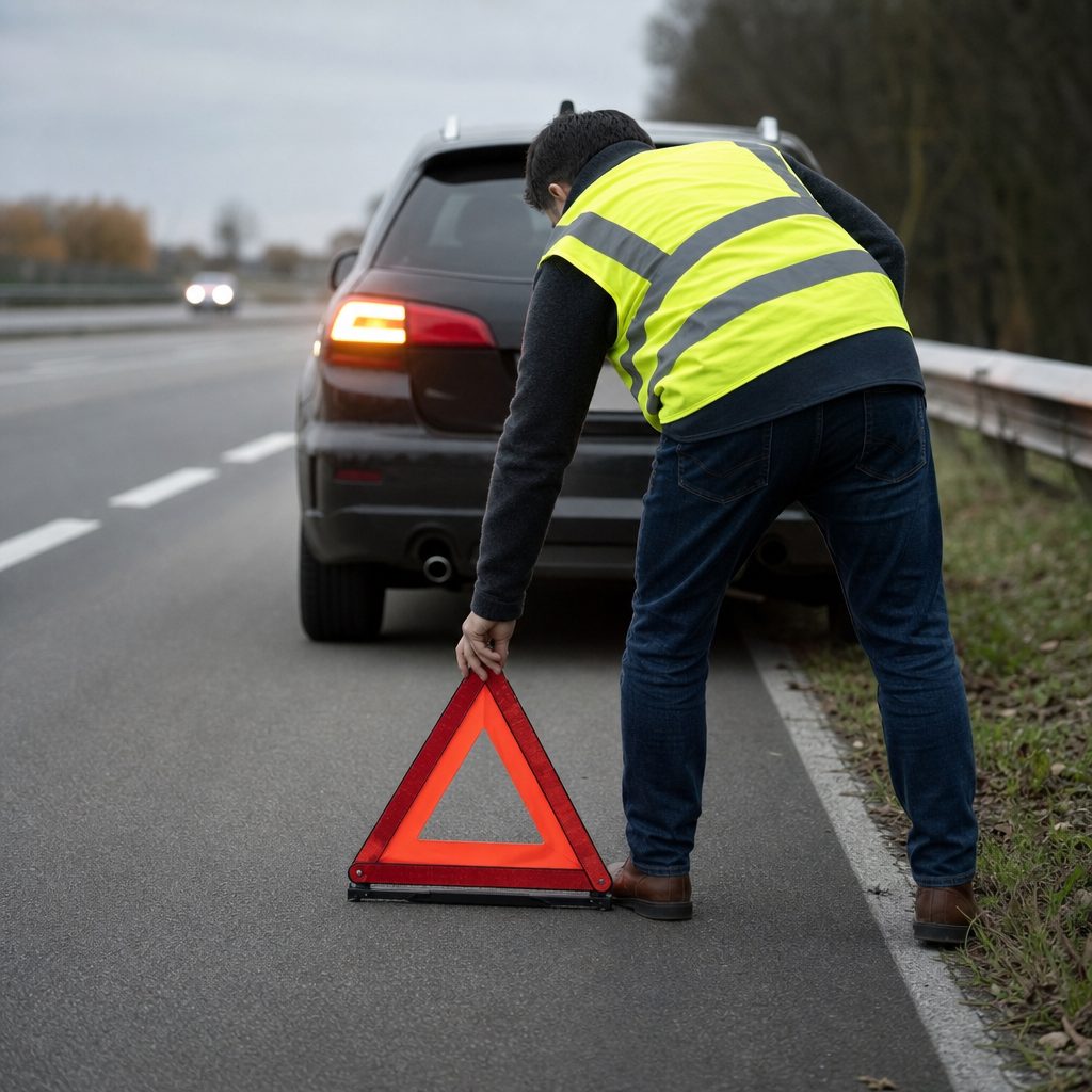 conducteur en gilet jaune plaçant un triangle de signalisation derrière sa voiture arrêtée sur la bande d'arrêt d'urgence, feux de détresse allumés