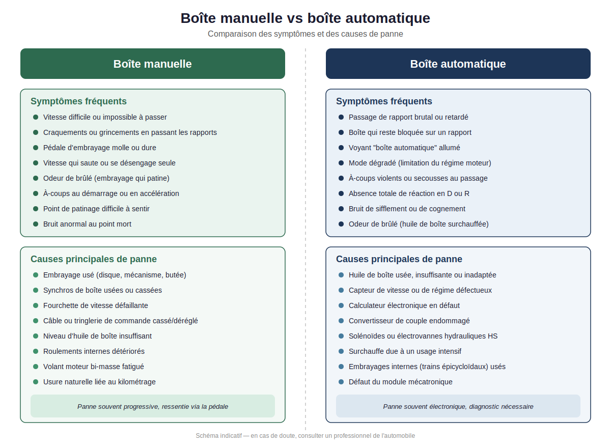 comparaison des symptômes et causes de panne entre boîte manuelle et boîte automatique