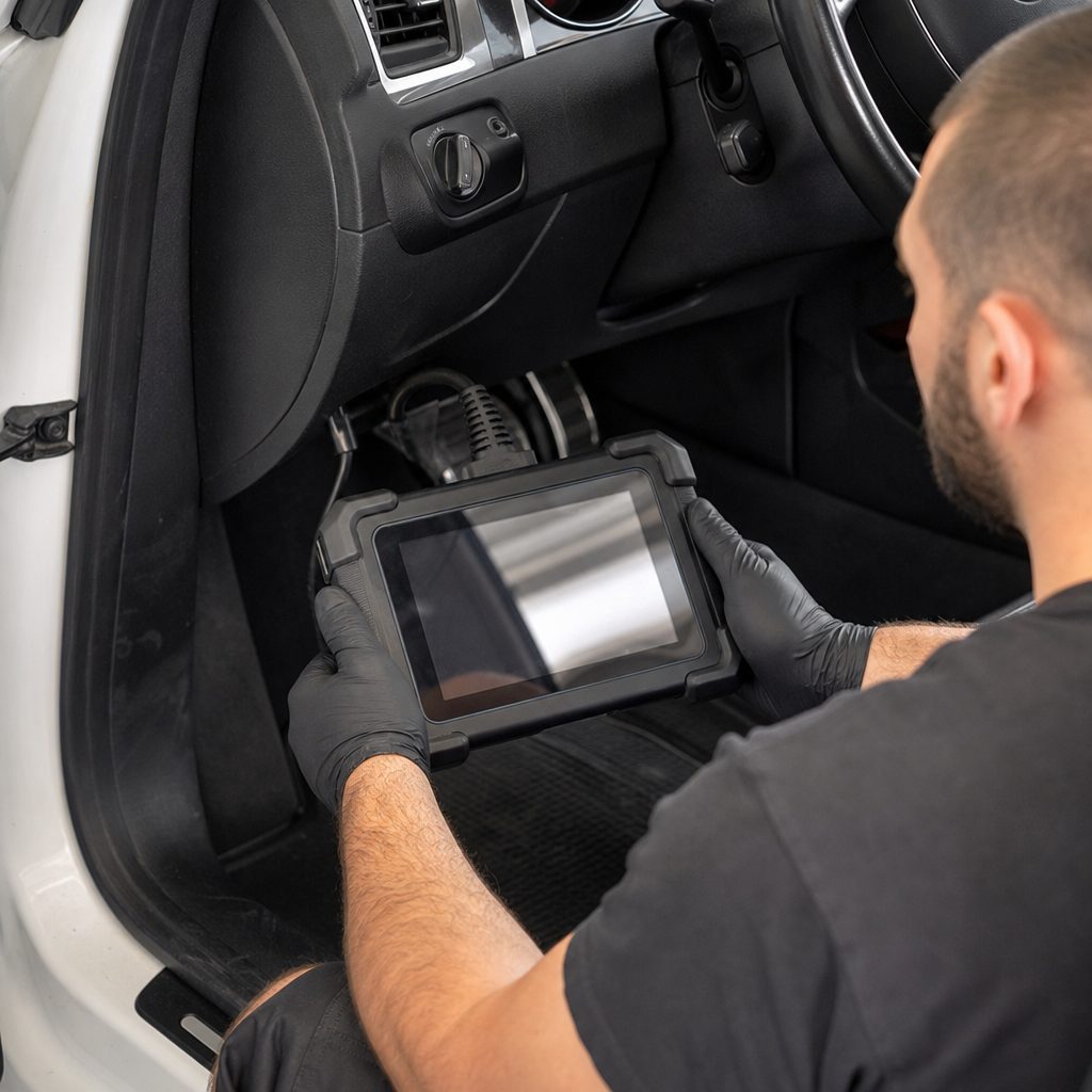 mécanicien tenant une valise de diagnostic OBD-II branchée sous le volant d'une voiture, écran affichant des codes défaut