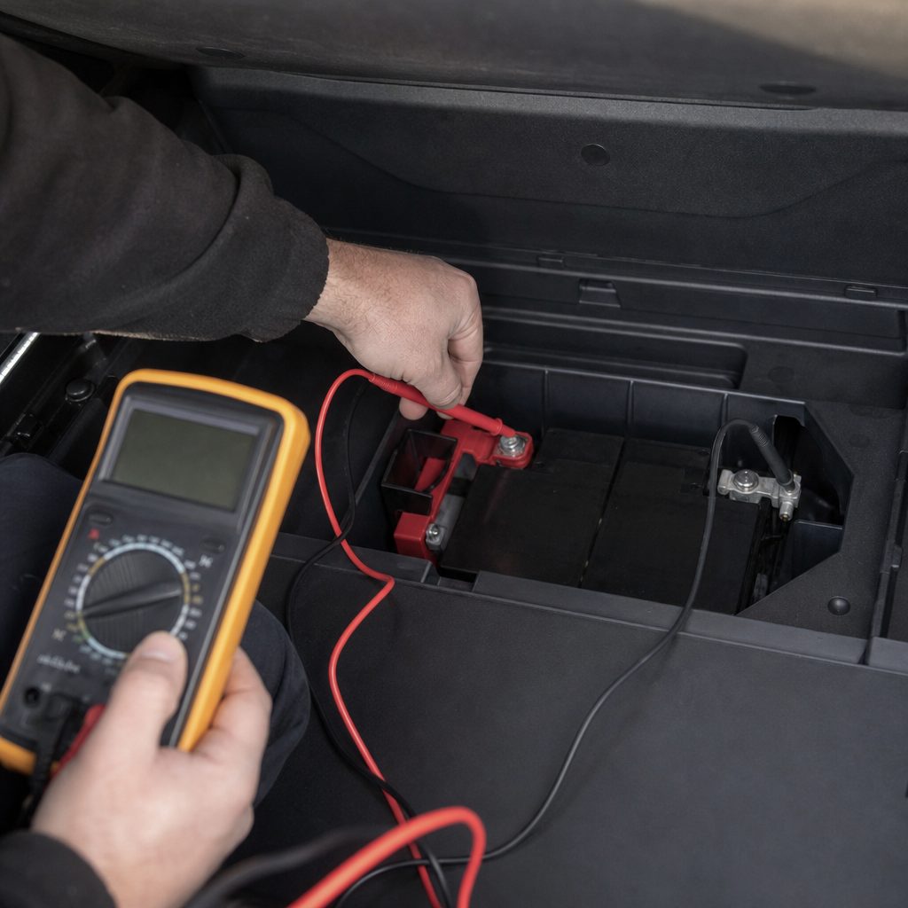 main tenant un multimètre dont les pinces rouge et noire sont posées sur les bornes d'une petite batterie 12V logée dans un coffre de voiture hybride