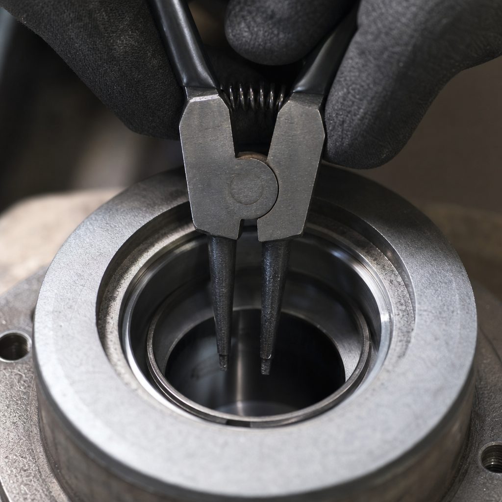 gros plan sur une pince à circlips à becs intérieurs comprimant un anneau élastique logé dans un alésage métallique, mains gantées, atelier légèrement éclairé