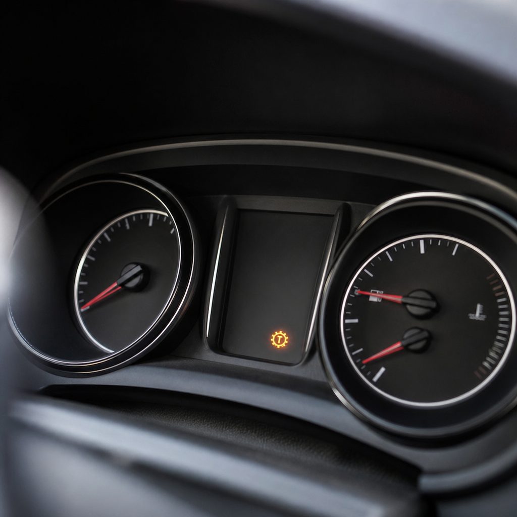 tableau de bord de voiture Renault avec voyant orange boîte de vitesses allumé, gros plan sur le combiné d'instruments