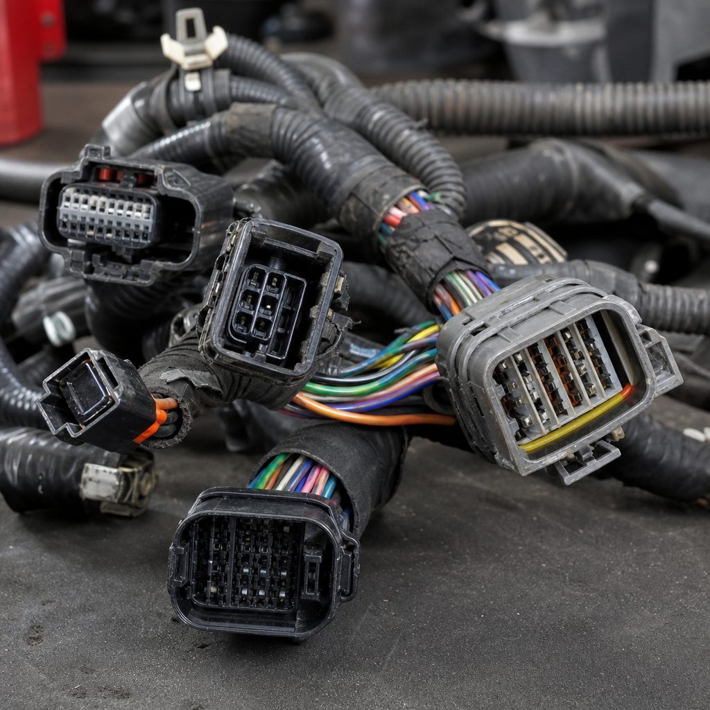 gros plan sur un faisceau électrique automobile démonté, câbles multicolores regroupés dans une gaine noire avec plusieurs connecteurs multibroches visibles, éclairage d'atelier