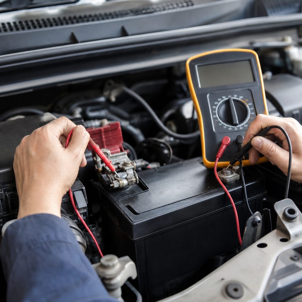 gros plan sur des mains tenant un multimètre dont les pointes touchent les deux bornes d'une batterie de voiture, capot ouvert, lumière naturelle de garage