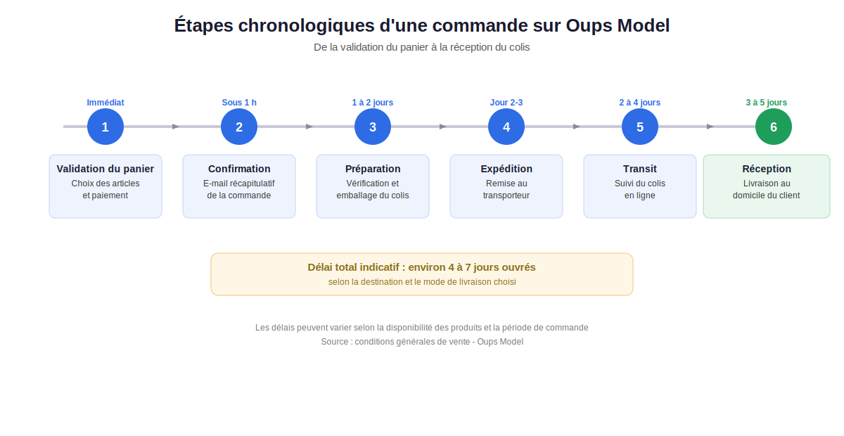étapes chronologiques d'une commande sur Oups Model, de la validation du panier à la réception, avec délais indicatifs à chaque étape