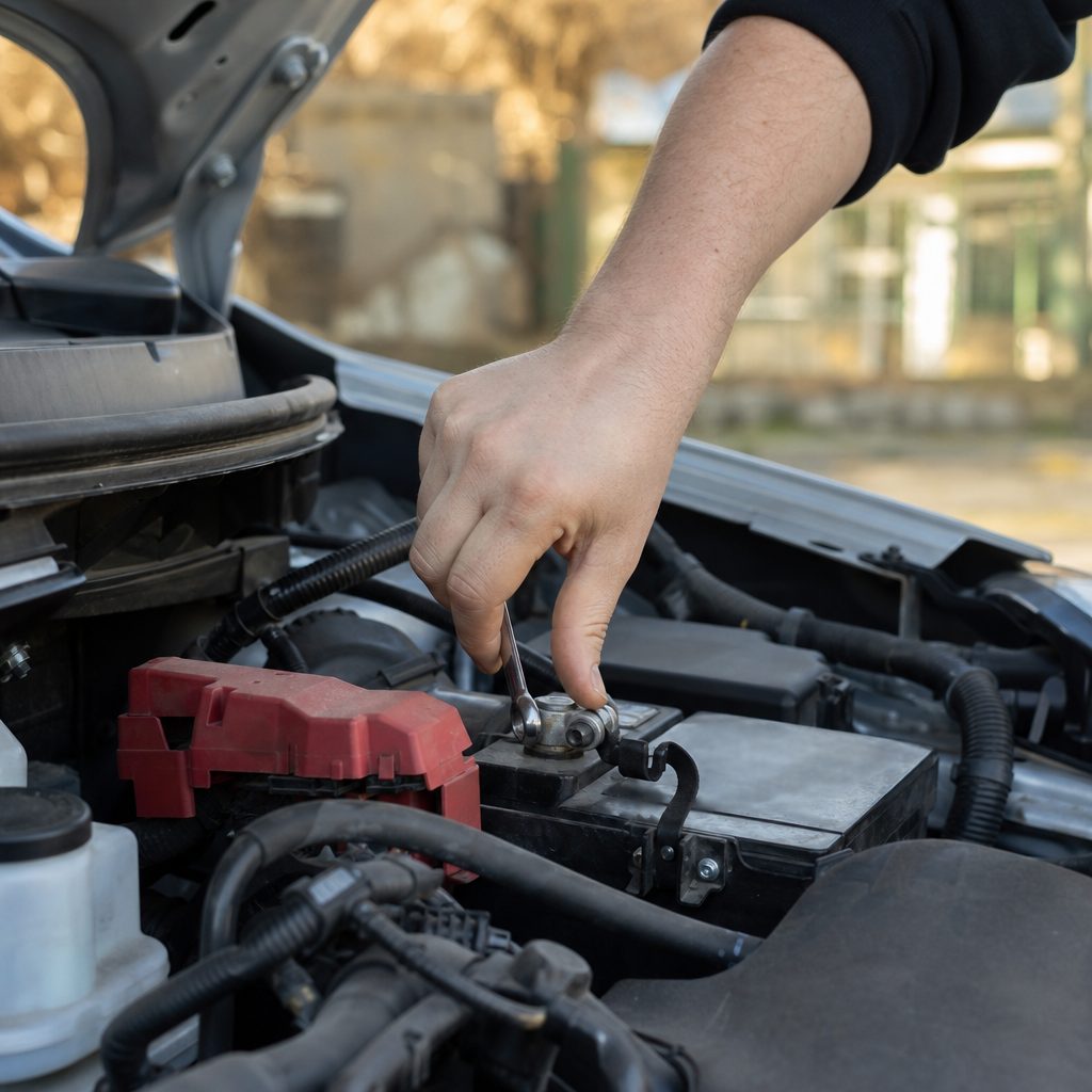 main d'un mécanicien débranchant la cosse négative d'une batterie de voiture avec une clé de 10, capot ouvert