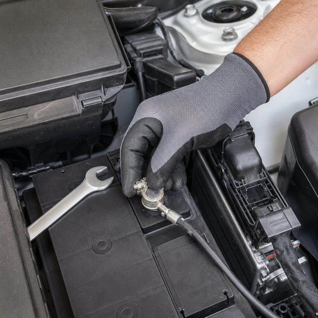 main gantée débranchant la cosse négative noire d'une batterie de voiture dans un compartiment moteur, clé plate en acier visible