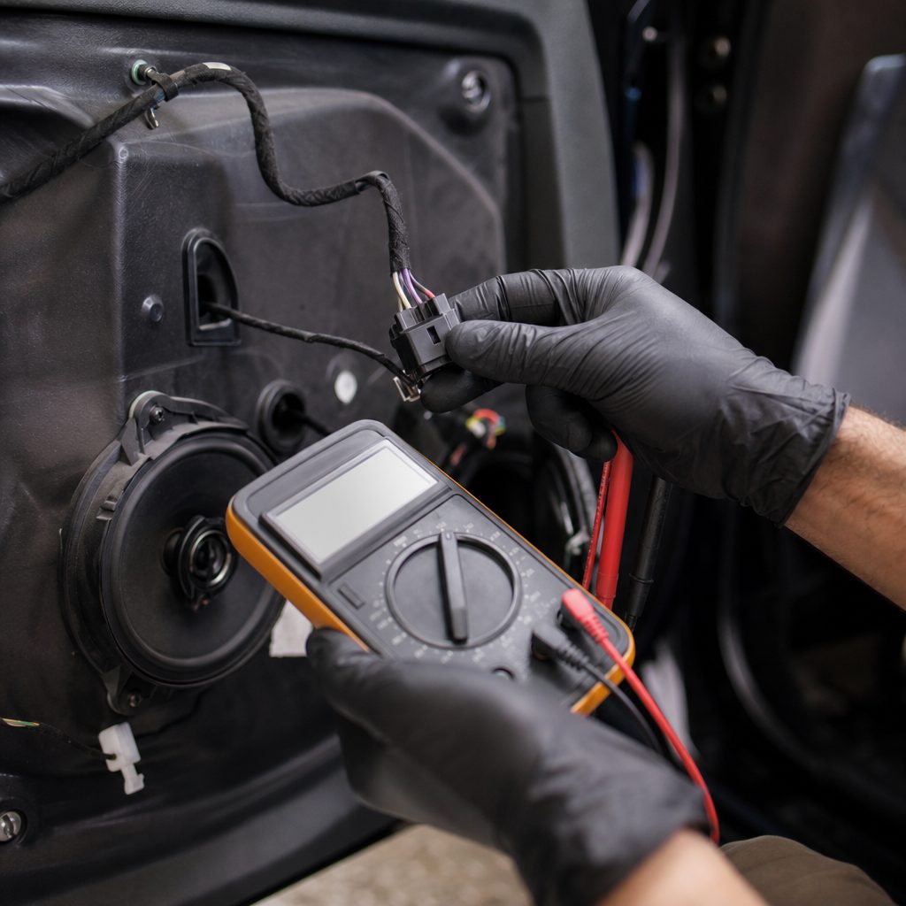 mains gantées testant avec un multimètre un connecteur électrique débranché derrière une garniture de porte de voiture démontée