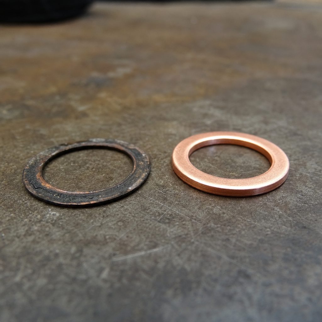 gros plan sur un joint cuivre de vidange usagé et aplati posé sur un établi à côté d'un joint neuf brillant, atelier de mécanique