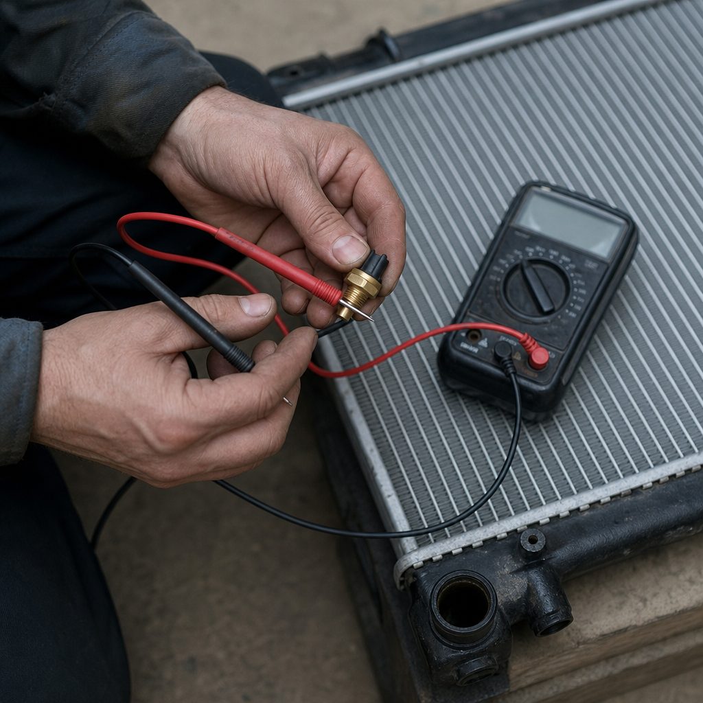 mécanicien testant un thermocontact avec un multimètre au-dessus d'un radiateur de voiture démonté
