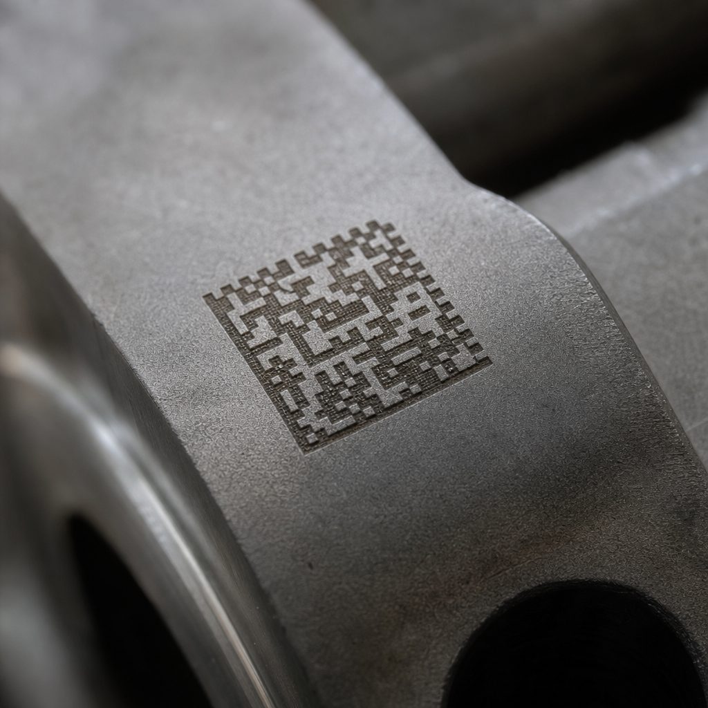 gros plan sur un identifiant DataMatrix gravé au laser sur une pièce métallique brute, lumière d'atelier industriel
