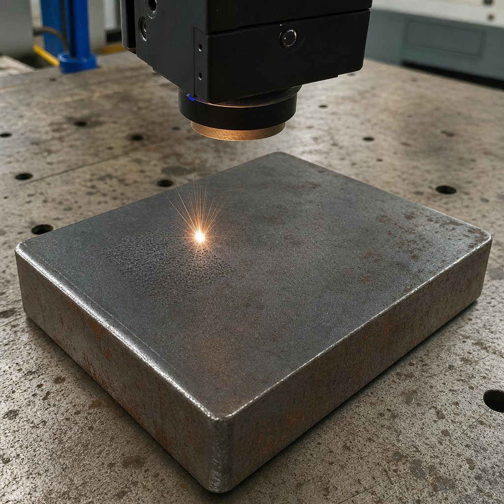 gravure laser d'un numéro de lot sur une pièce métallique brute posée sur un établi d'atelier