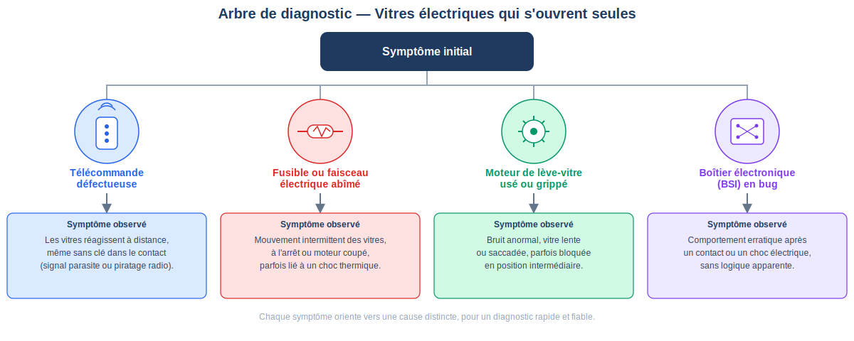 arbre de diagnostic avec quatre branches, télécommande, fusible, moteur, boîtier électronique, menant chacune à un symptôme distinct