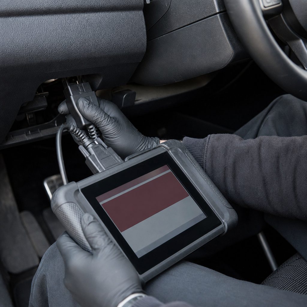 mains gantées branchant une valise de diagnostic OBD-II sur la prise sous le volant d'une voiture, écran affichant un code défaut