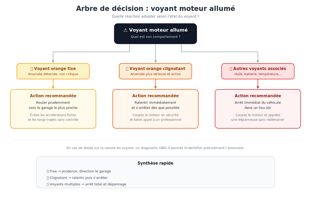 arbre de décision 'voyant moteur allumé' avec trois branches : orange fixe = rouler prudemment vers le garage, orange clignotant = ralentir et s'arrêter dès que possible, autres voyants associés = arrêt immédiat et appel dépanneuse